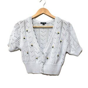 Wild Fable Pastel Blue Short Sleeve Floral Embroidered Cropped Cardigan, Size M